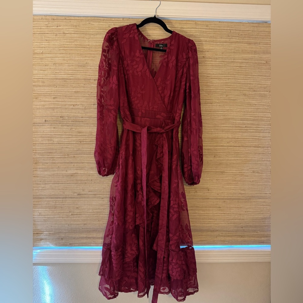Unknown Brand Burgundy Lace Wrap Midi Dress